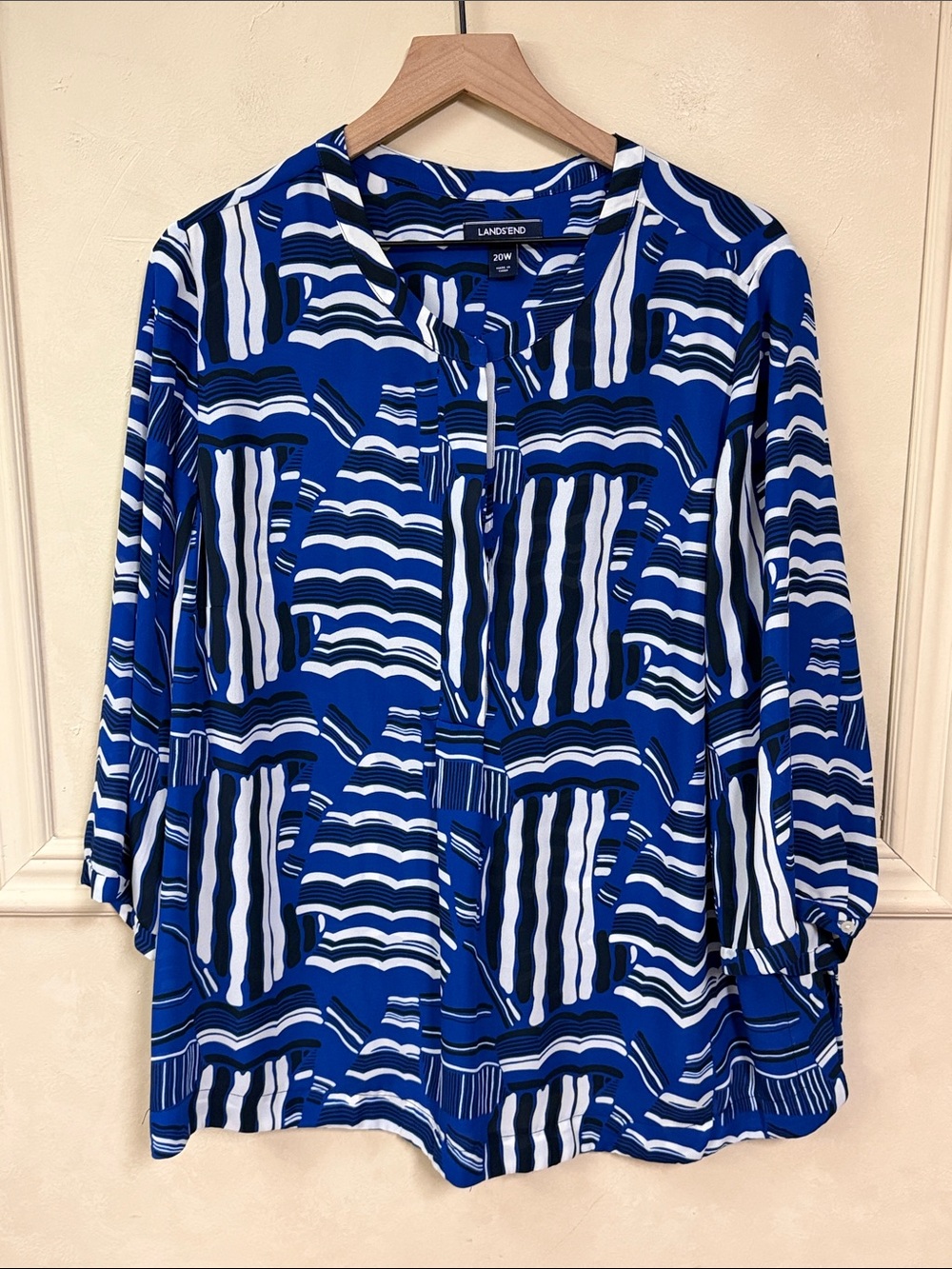 Lands End Top Womens 20W Blue Chiffon Tunic Geometric Print Nautical Slouchy